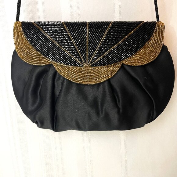 Vintage 80's Glam Semi-Formal Satin Shimmer Beaded Black & Gold Purse by ELKA - Picture 1 of 7